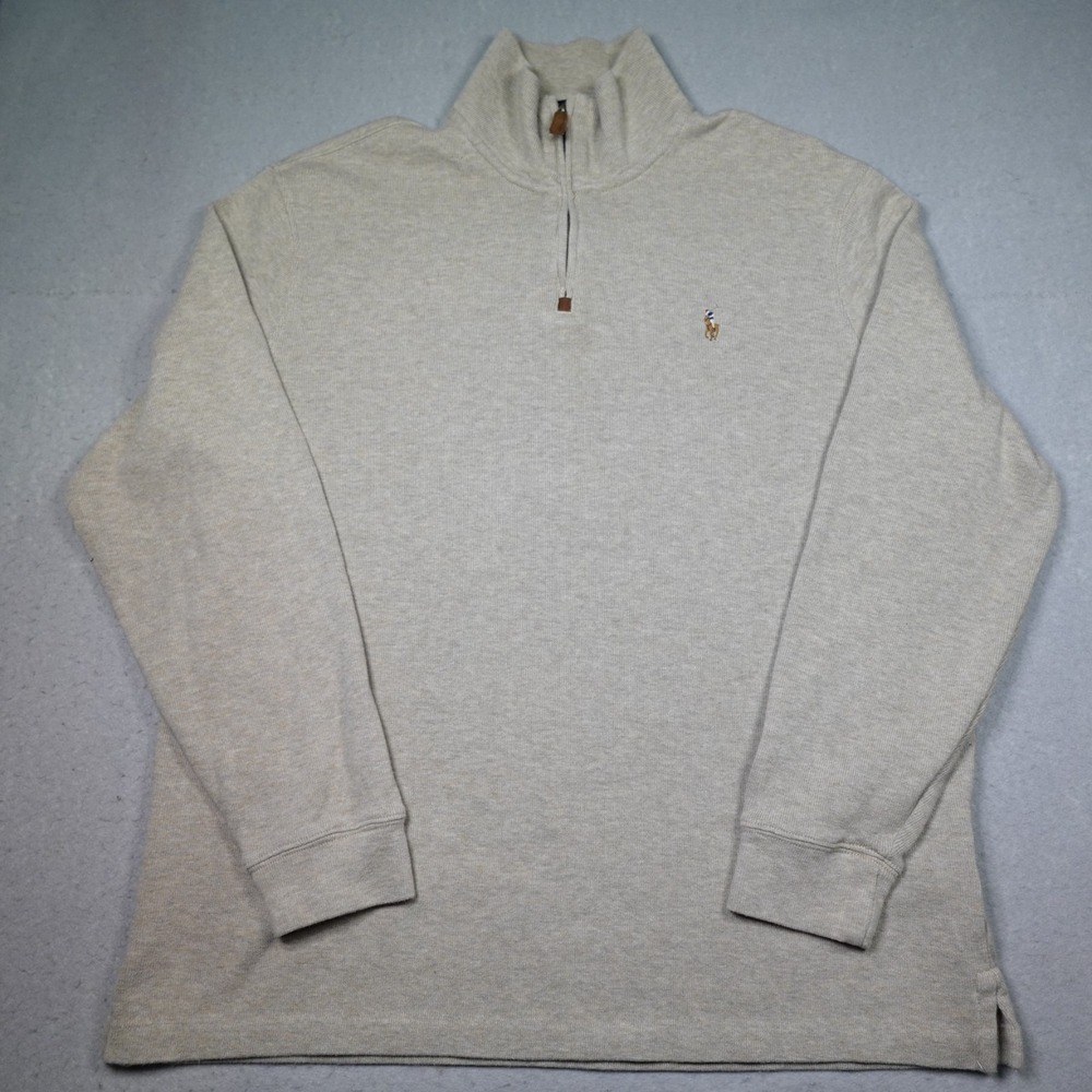 Polo Ralph Lauren Sweater Mens XL tan 1/4 Zip Pullover Collared Mock Neck